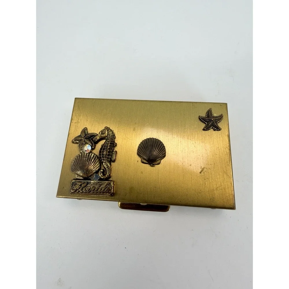 Small Brass Hinged Pill Box w/ Clasp Florida Nautical Design Decorative Case